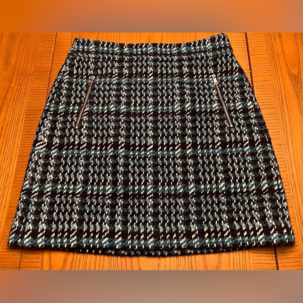 LOFT Navy Blue Wool Blend Houndstooth Tweed Zip Pocket Mini Skirt Size 0